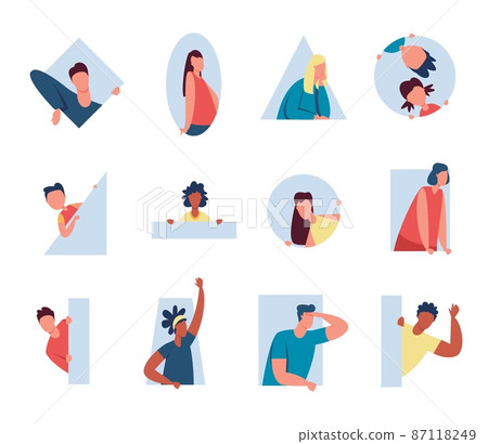 People peeping out window and peeking behind wall. Male and female characters looking out of various shapes, spying person vector set People peeping out window and peeking behind wall. Male and female characters looking out of various shapes, spying person vector set 87118249