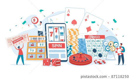 Online casino gambling, lucky people winning jackpot. Characters playing slot machine, bingo, roulette, lottery winners vector illustration Online casino gambling, lucky people winning jackpot. Characters playing slot machine, bingo, roulette, lottery winners vector illustration 87118250