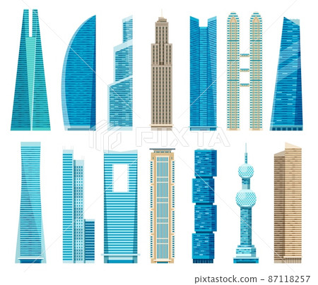 Skyscrapers, modern skyscraper towers, city business office buildings. Downtown glass architecture, urban building facade vector set Skyscrapers, modern skyscraper towers, city business office buildings. Downtown glass architecture, urban building facade vector set 87118257