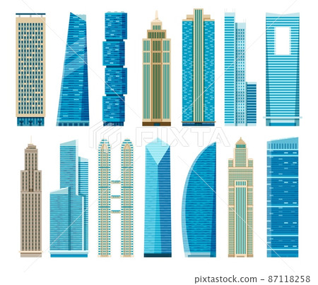 Flat skyscrapers, business office towers, modern glass skyscraper. Downtown apartment building, residential city architecture vector set Flat skyscrapers, business office towers, modern glass skyscraper. Downtown apartment building, residential city architecture vector set 87118258