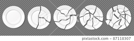 Broken plates, shattered food plate, cracked porcelain dishes. Realistic empty white dish broke into pieces, ceramic shards vector set Broken plates, shattered food plate, cracked porcelain dishes. Realistic empty white dish broke into pieces, ceramic shards vector set 87118307