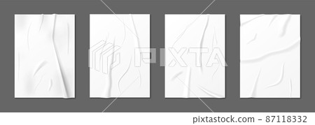 Realistic wrinkled poster mockup, crumpled wet paper posters. Blank glued billboard with wrinkle effect, white creased stickers vector set Realistic wrinkled poster mockup, crumpled wet paper posters. Blank glued billboard with wrinkle effect, white creased stickers vector set 87118332