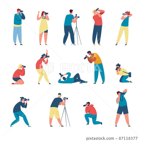 Professional photographers taking pictures with camera, journalists. Photographer character shooting photo, cameraman or paparazzi vector set Professional photographers taking pictures with camera, journalists. Photographer character shooting photo, cameraman or paparazzi vector set 87118377