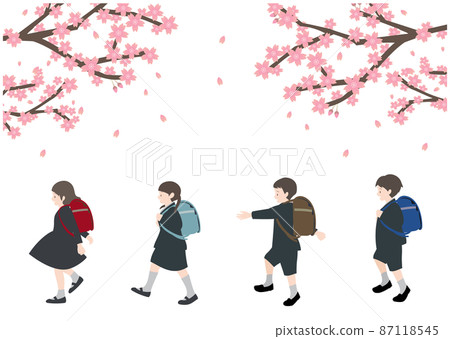 插圖素材：一組背著書包在櫻花映襯下歡快行走的孩子 87118545