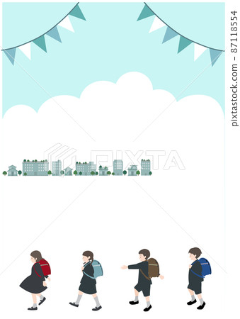 Illustration material: A set of children walking cheerfully with a school bag on their backs against the backdrop of a garland and the cityscape. Illustration material: A set of children walking cheerfully with a school bag on their backs against the backdrop of a garland and the cityscape. 87118554