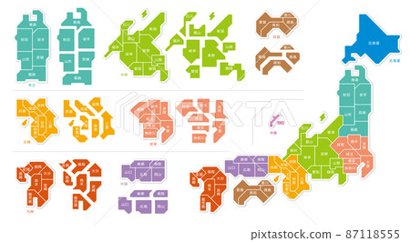 日本地圖彩色編碼縣插圖白色背景 日本地圖彩色編碼縣插圖白色背景 87118555