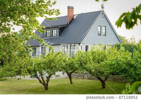 Image of beautiful garden with apple trees, flowers and scandinavian style summer house Image of beautiful garden with apple trees, flowers and scandinavian style summer house 87118952