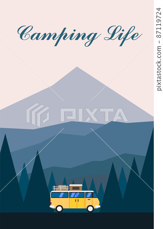 Camping by a camp van in a forest campsite. 87119724