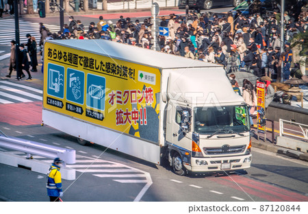 Japan's Tokyo cityscape Over 4,000 dead, over the fifth wave ... Delusion of peak out ... Promotional car running in Shibuya = February 23 87120844