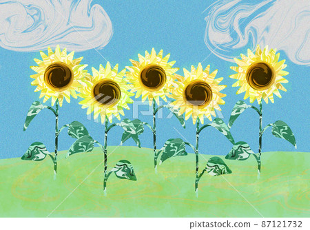 Illustration of sunflowers blooming under the blue sky and white clouds, marble pattern and sandy texture Blue system 87121732