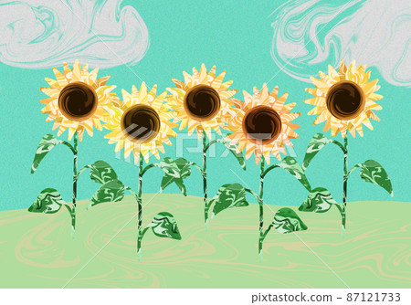 Illustration of sunflowers blooming under the blue sky and white clouds, marble pattern and sandy texture Green system 87121733
