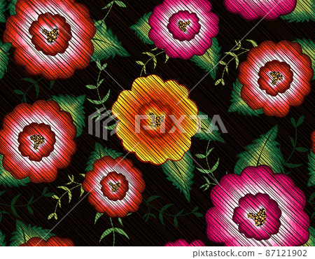 Seamless Mexican floral embroidery pattern, colorful native flowers folk fashion design. Embroidered Traditional Textile Style of Mexico, vector isolated on black background 87121902