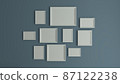 horizontal and vertical collage photo or picture art with blue wall realistic 3D rendering 87122238