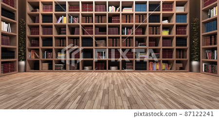 Modern big library design, wooden bookshelf realistic 3D rendering 87122241
