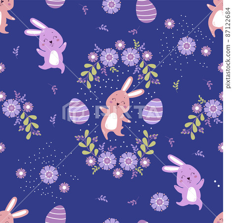 Easter Pattern With Decorative Eggs, Bunnies And Flowers