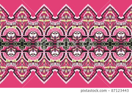 Pink, Green, White Black Flower on Pink. Geometric ethnic oriental pattern traditional Design for background,carpet,wallpaper,clothing,wrapping,Batik,fabric, vector illustration embroidery style Pink, Green, White Black Flower on Pink. Geometric ethnic oriental pattern traditional Design for background,carpet,wallpaper,clothing,wrapping,Batik,fabric, vector illustration embroidery style 87123443