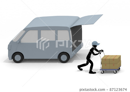 Delivery truck. Transportation cars and people. Place your luggage on the trolley. Carry luggage by car. The person who delivers the package. 87123674