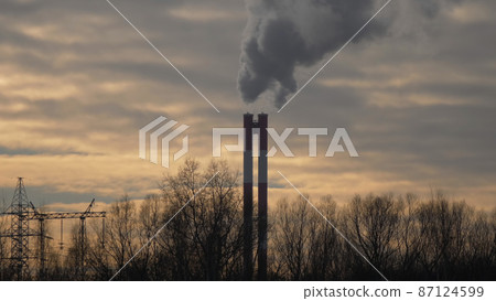 Tall chimney with acrid smoke against the background of tall trees without foliage 87124599