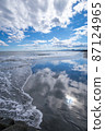 A transparent blue sky reflected on the shore 87124965