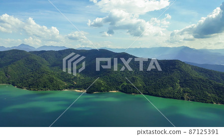Panoramic of tropical fiord in Paraty, Rio de Janeiro, Brazil, from the Pao de Acucar peak in Saco do Mamangua Panoramic of tropical fiord in Paraty, Rio de Janeiro, Brazil, from the Pao de Acucar peak in Saco do Mamangua 87125391