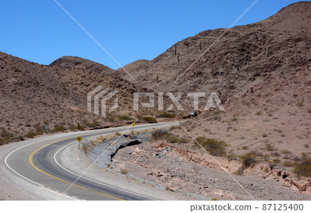 empty road on desert landscape, dry mountainous area, road trip empty road on desert landscape, dry mountainous area, road trip 87125400