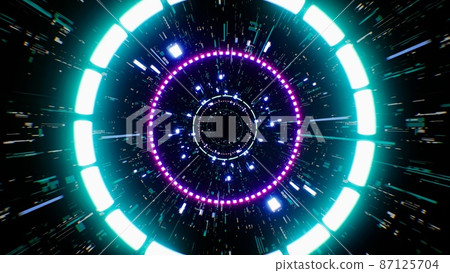 Glowing Cyan Colored Light Circle Lamp in the Futuristic Concept Tunnel 87125704