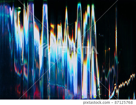 Color noise overlay. Glitch texture. Distressed matrix. Blue orange white pink gradient digital distortion defect on dark black abstract background. Color noise overlay. Glitch texture. Distressed matrix. Blue orange white pink gradient digital distortion defect on dark black abstract background. 87125768