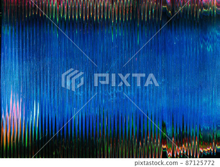 Old film noise. Glitch background. Distressed screen. Blue black fuzzy distortion overlay with colorful pink green artifacts dust scratches effect. Old film noise. Glitch background. Distressed screen. Blue black fuzzy distortion overlay with colorful pink green artifacts dust scratches effect. 87125772