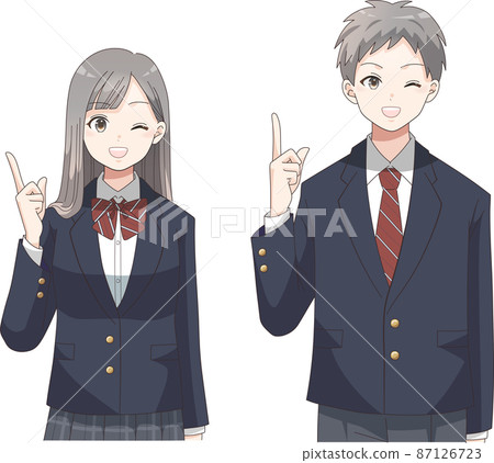 Pointing pose Winking smiling male and female students blazer clothes plaid Pointing pose Winking smiling male and female students blazer clothes plaid 87126723