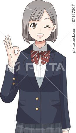 OK 姿勢 Winking 女學生微笑西裝外套衣服格子 OK 姿勢 Winking 女學生微笑西裝外套衣服格子 87127807