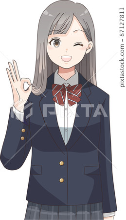 OK pose Winking female student with a smile Blazer clothes plaid 87127811