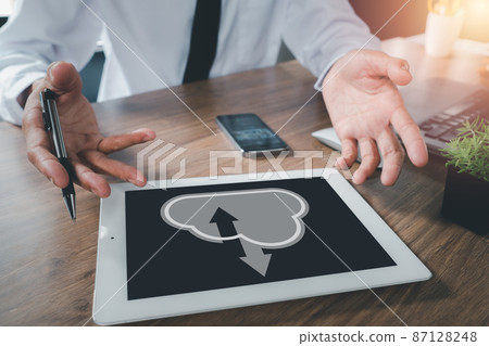 Businessman hand using digital tablet with cloud computing icon, Cloud computing concept, Backup Storage Data Internet, networking and digital, Share global, technology concept.. 87128248