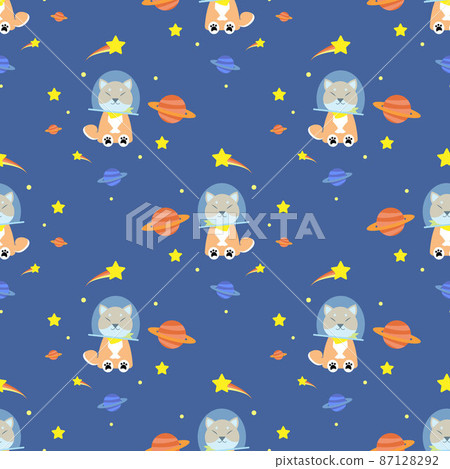 cute shiba dog in the space with Saturn and star around fabric seamless cute pattern 87128292