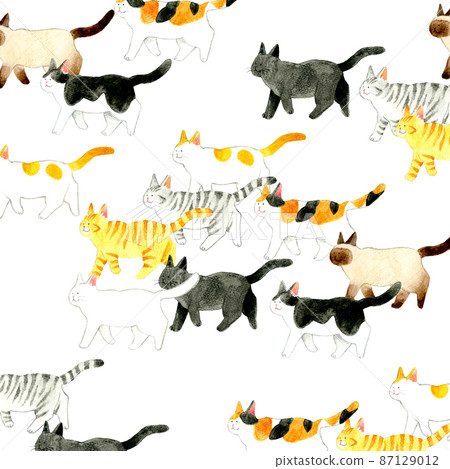 可愛貓咪的背景材料 各種圖案的步行貓手繪水彩插圖 87129012