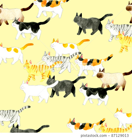 可愛貓咪的背景材料 各種圖案的步行貓手繪水彩插圖 87129013