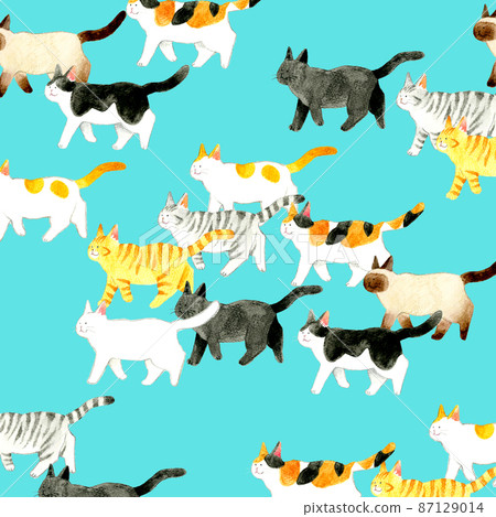 可愛貓咪的背景材料 各種圖案的步行貓手繪水彩插圖 87129014
