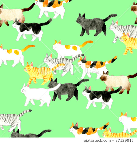 可愛貓咪的背景材料 各種圖案的步行貓手繪水彩插圖 87129015