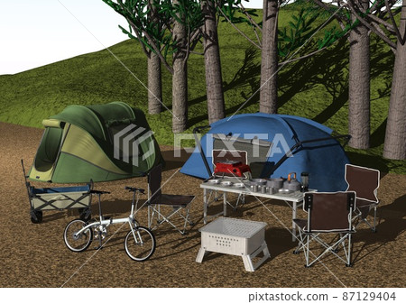 Camping camping outdoor tent barbecue scenery (3DCG image) 87129404