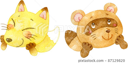 Illustration of an exciting raccoon dog and fox 87129820