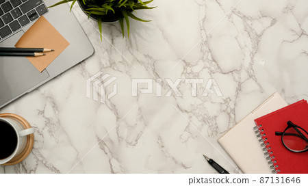 Marble office desk workspace background with copy space and office accessories 87131646
