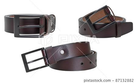 Set of leather belt isolated on white background - clipping paths. 87132882