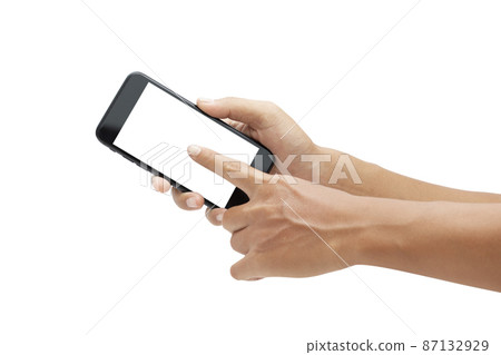 hand holding smartphone and touching screen isolated on white background - clipping paths hand holding smartphone and touching screen isolated on white background - clipping paths 87132929
