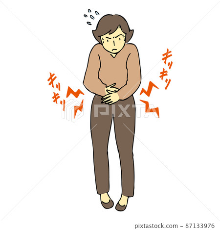 Illustration of a woman feeling pain in the abdomen 87133976