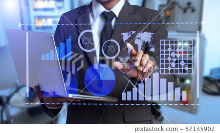 Data Management System with Business Analytics concept. business team hands working with provide information for Key Performance Indicators and marketing analysis onn virtual icon 87135902
