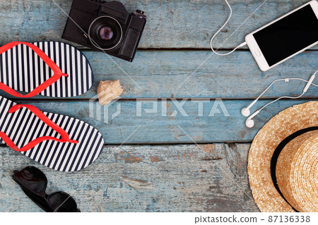 Still life of different items for relaxing on the beach, rubber Still life of different items for relaxing on the beach, rubber 87136338