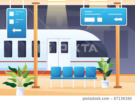 Railway Station with Train Transport Scenery, Platform for Departure and Underground Interior Subway in Flat Background Poster Illustration 87136380