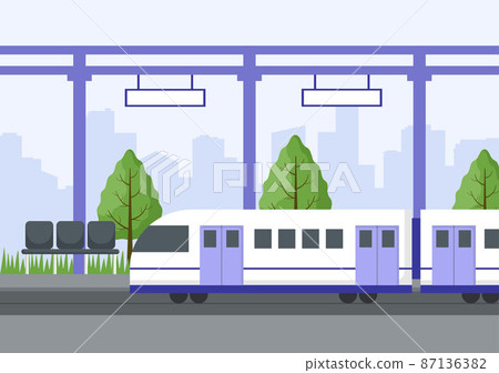 Railway Station with Train Transport Scenery, Platform for Departure and Underground Interior Subway in Flat Background Poster Illustration Railway Station with Train Transport Scenery, Platform for Departure and Underground Interior Subway in Flat Background Poster Illustration 87136382