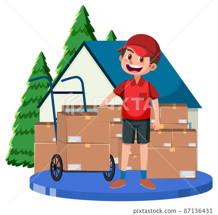 Delivery man cartoon character on white background 87136431