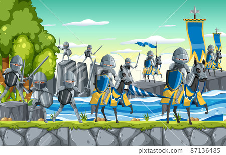 Outdoor scene with medieval knights with horses marching 87136485