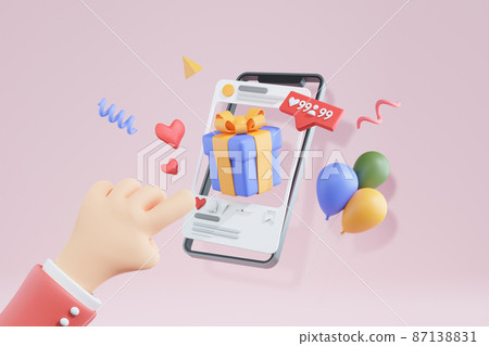 3D rendered graphic hand motion on mobile services, gift and shopping in SNS, clicking heart 87138831